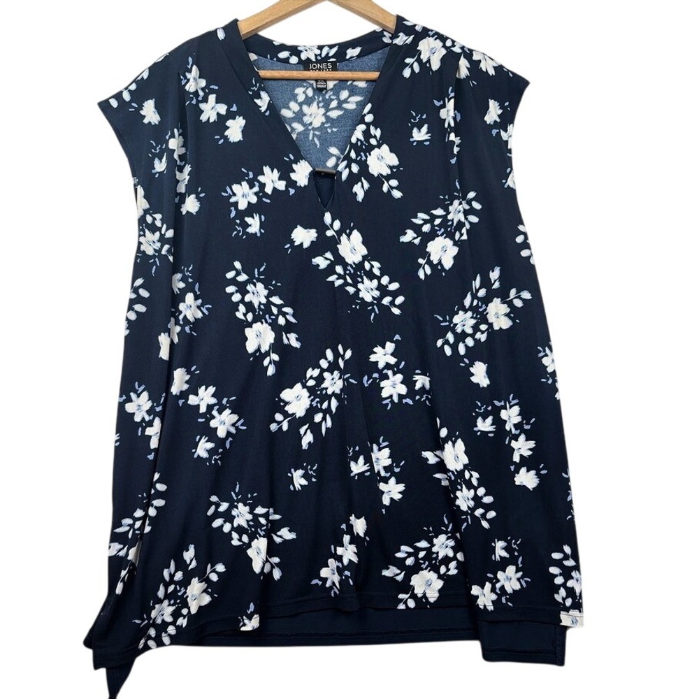 Jones New York Blouse Womens 3X Navy Floral V Neck Sleeveless Plus